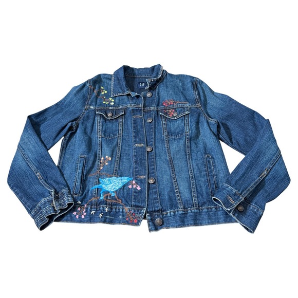 Gap Boho Embroidered Denim Jacket Size XL Floral Cottage Butterflies Indie Y2K - Picture 3 of 10